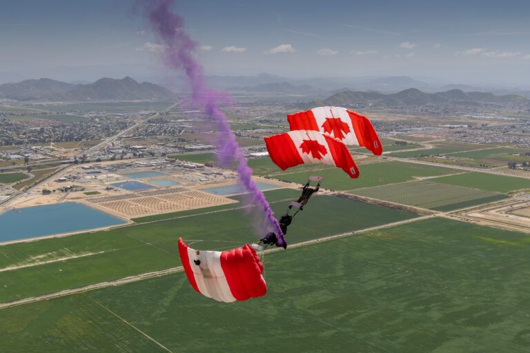 SkyHawks parachute demo team descending on Campbell River