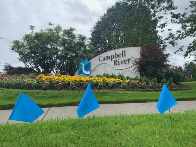 Blue flags at city hall to remember men, boys killed by toxic drugs