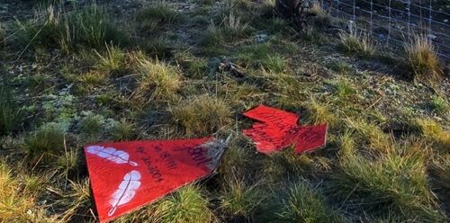 Red dress display near welcome sign vandalized overnight