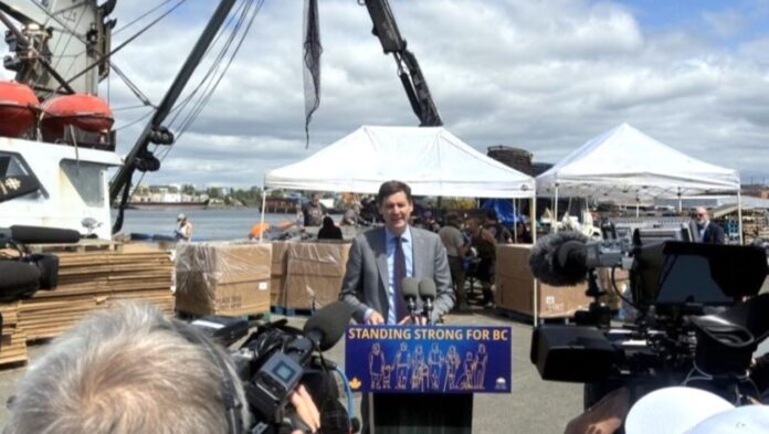 B.C. Premier David Eby appears at Point Hope Shipyard in Victoria, announcing he will lead a trade mission to Asia in June 2025.