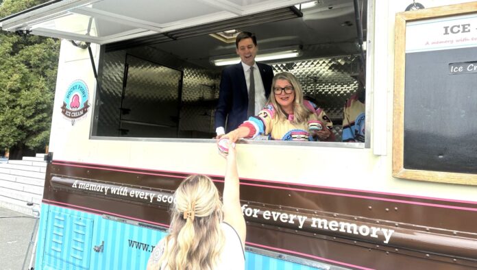 Premier David Eby and Agriculture Minister Lana Popham mark BC Dairy Day on May 13, 2025 by serving up ice cream from a truck outside the legislature. 